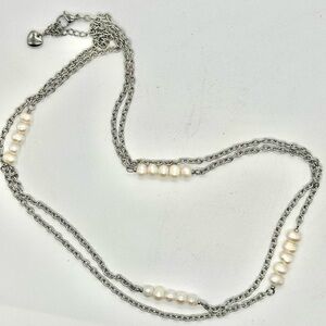 Tocara Silver Tone and Faux Pearl Long Chain Necklace Delicate White Layer